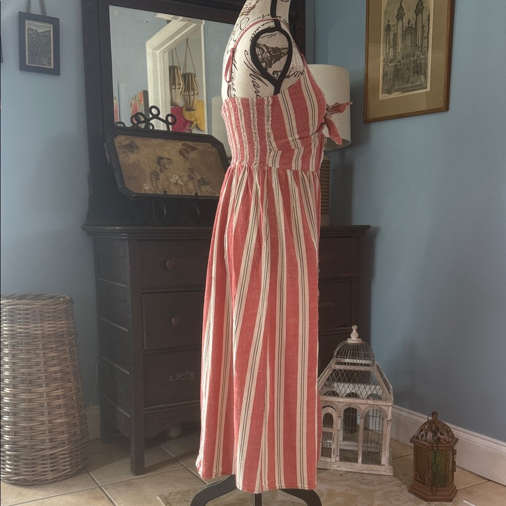 Japna Coral Red Creamy White Striped Tie-Front Button Up Spaghetti Strap Dress - Picture 6 of 12